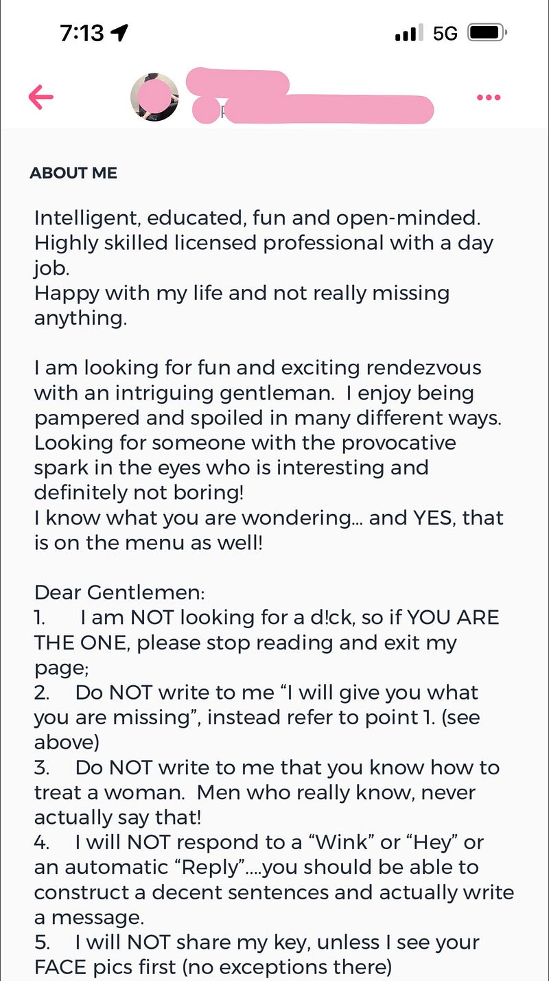 A screencap: Author from AshleyMadison.com that describes what she wants men to understand.