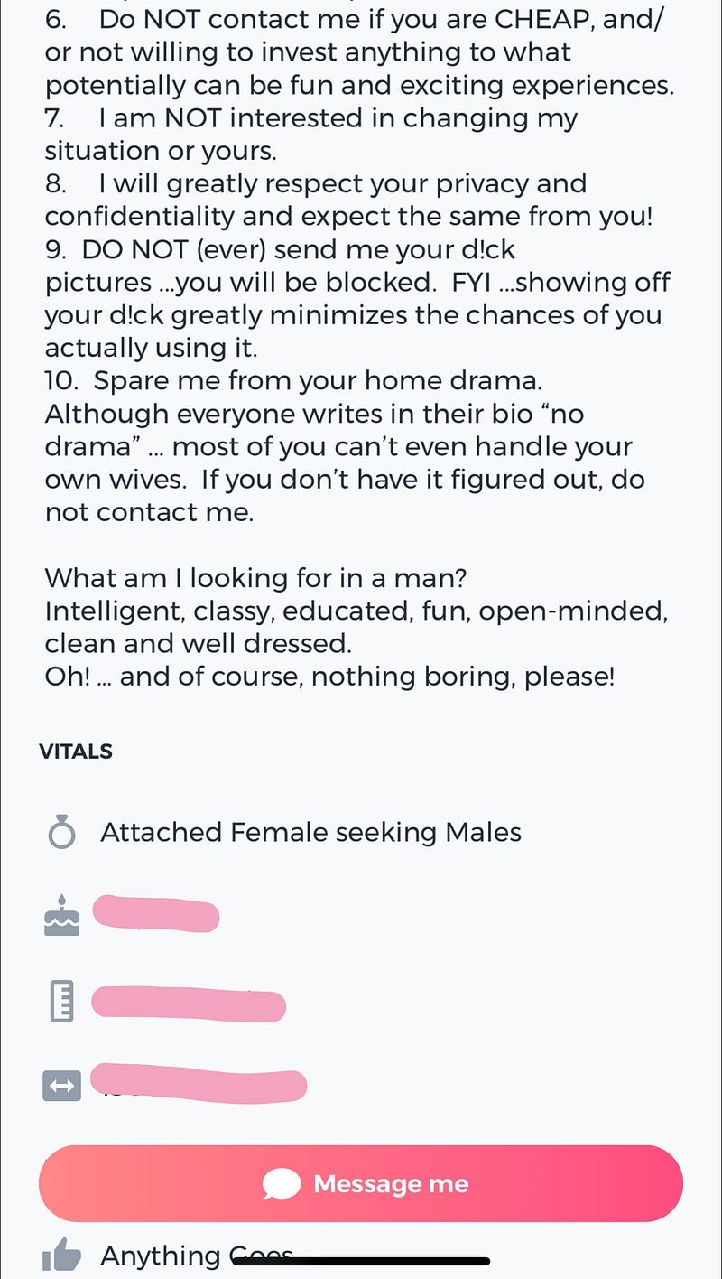 A screencap: Author from AshleyMadison.com that describes what she wants men to understand.