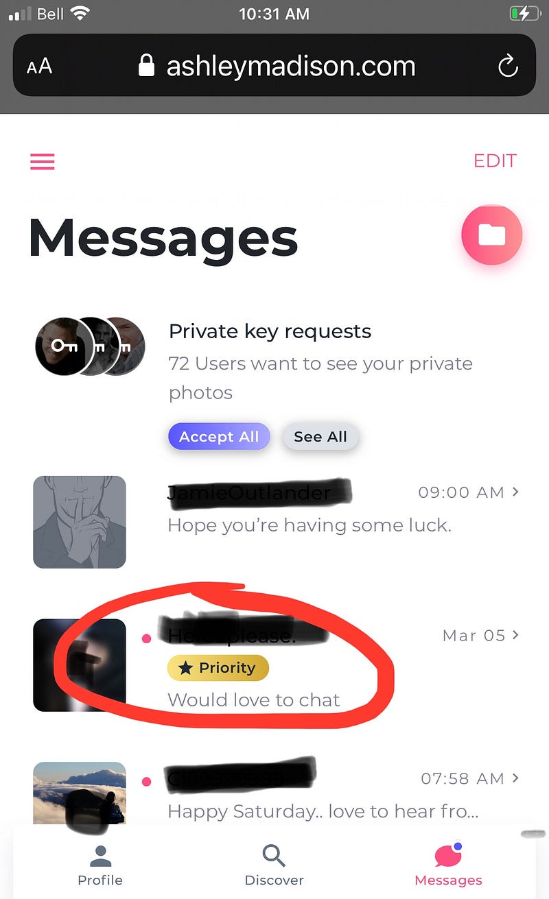 Ashley Madison profile message in-box.