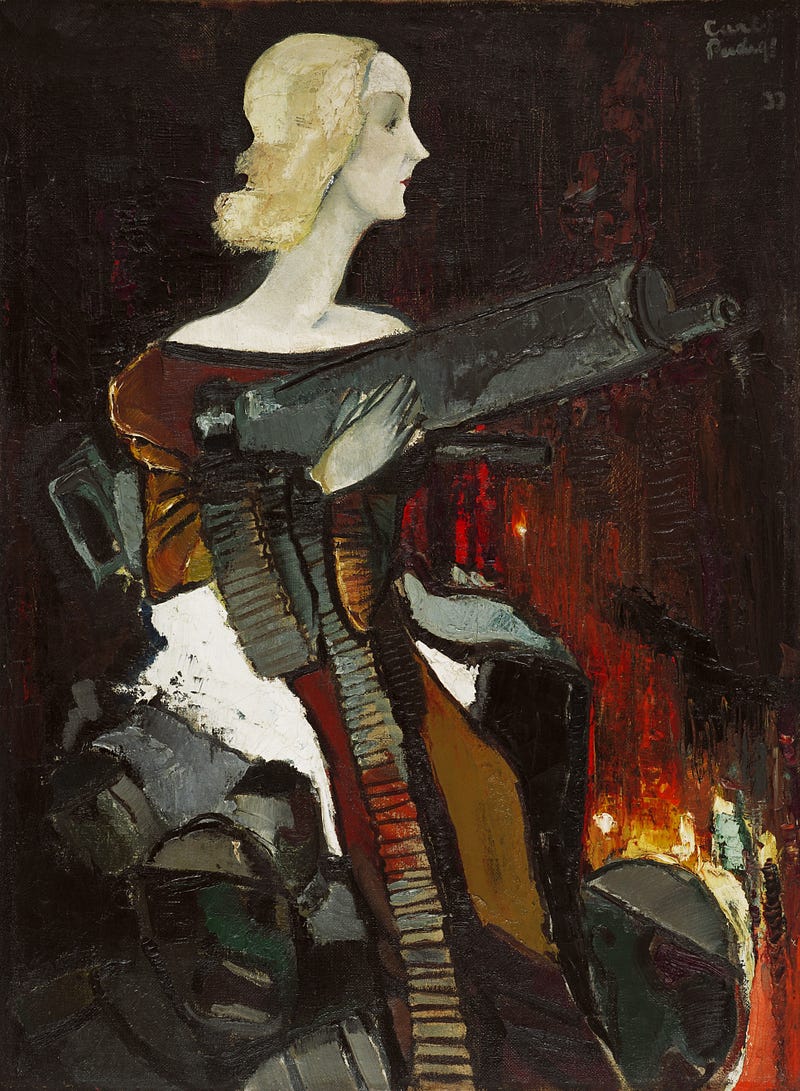 A painting of a pale woman in a red gown,  the Madonna, cradling a machine gun in her arms, as the world burns around her.